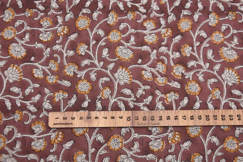 Handmade Block Printed Brown Floral Pure Linen Fabric - Himachal