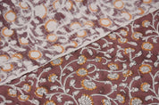 Handmade Block Printed Brown Floral Pure Linen Fabric - Himachal