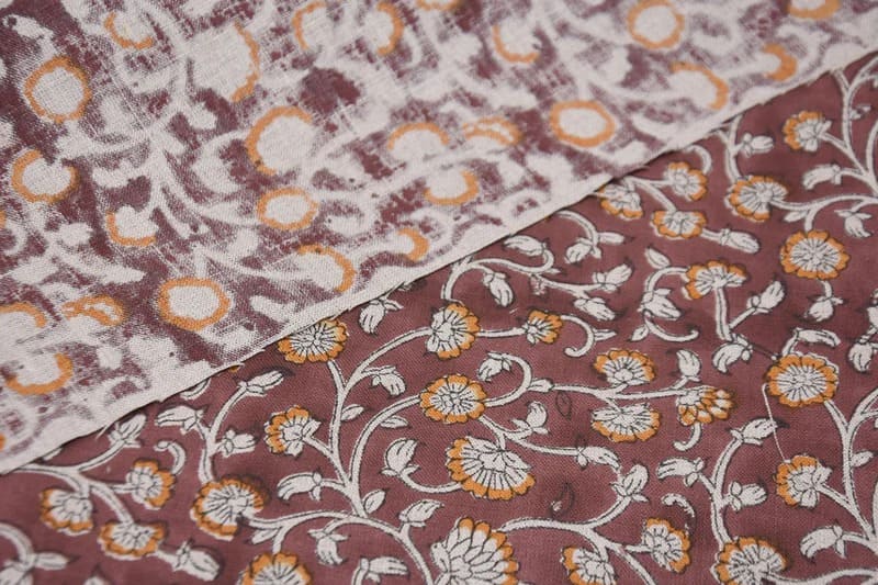 Handmade Block Printed Brown Floral Pure Linen Fabric - Himachal