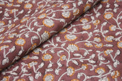 Handmade Block Printed Brown Floral Pure Linen Fabric - Himachal