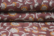 Handmade Block Printed Brown Floral Pure Linen Fabric - Himachal