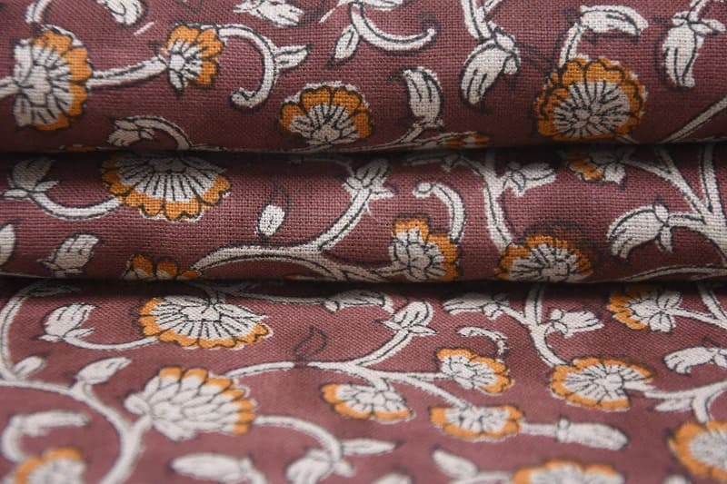 Handmade Block Printed Brown Floral Pure Linen Fabric - Himachal