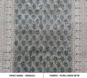 Handmade textile Block Print Grey & Navy Blue Pure Linen Fabric- Rangoli
