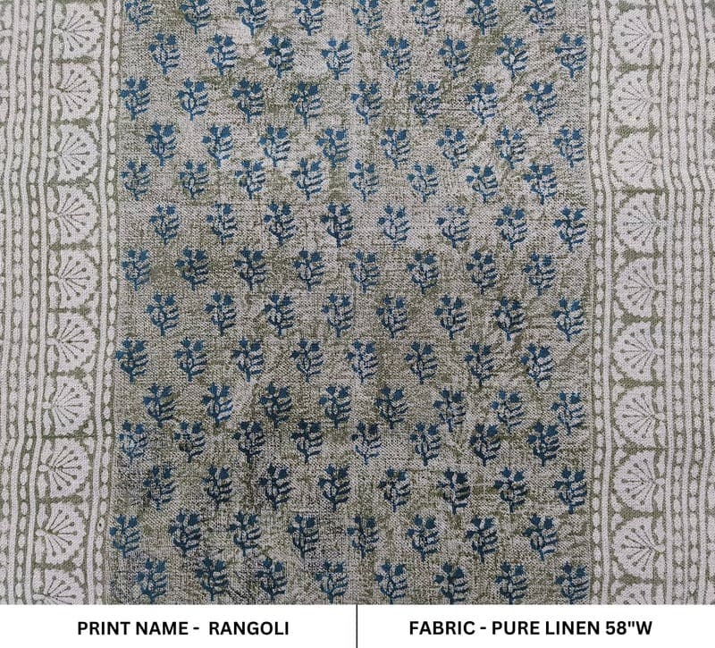 Handmade textile Block Print Grey & Navy Blue Pure Linen Fabric- Rangoli