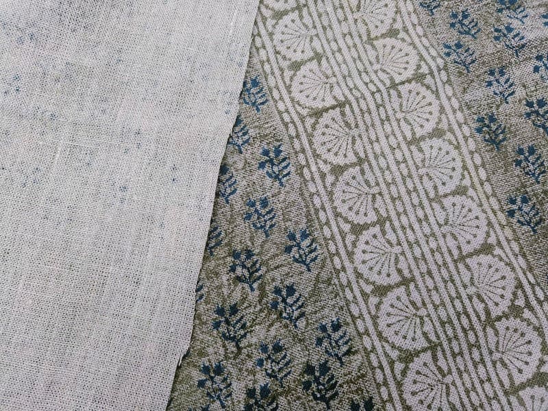Handmade textile Block Print Grey & Navy Blue Pure Linen Fabric- Rangoli