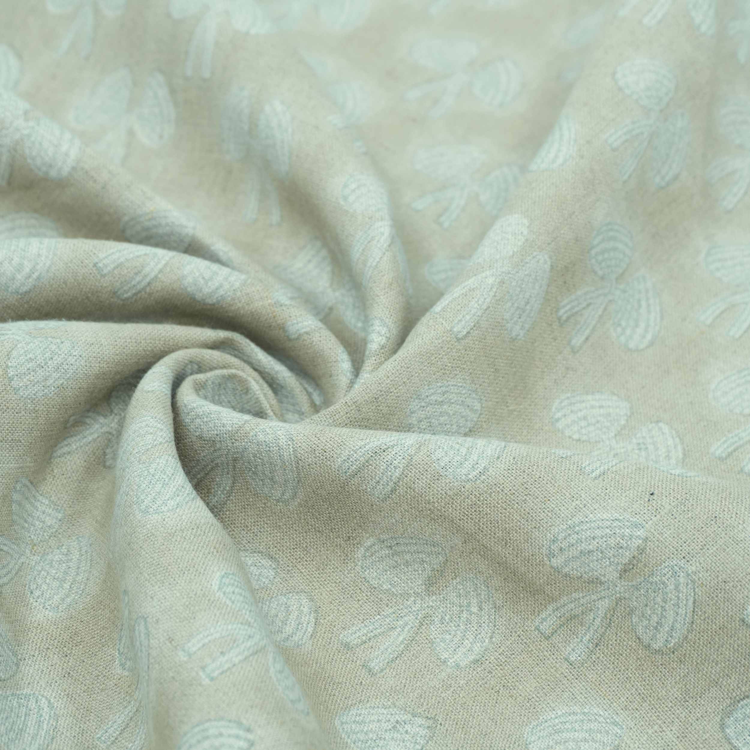 Handmade Mushroom Print Gray Floral Linen Upholstery Fabric