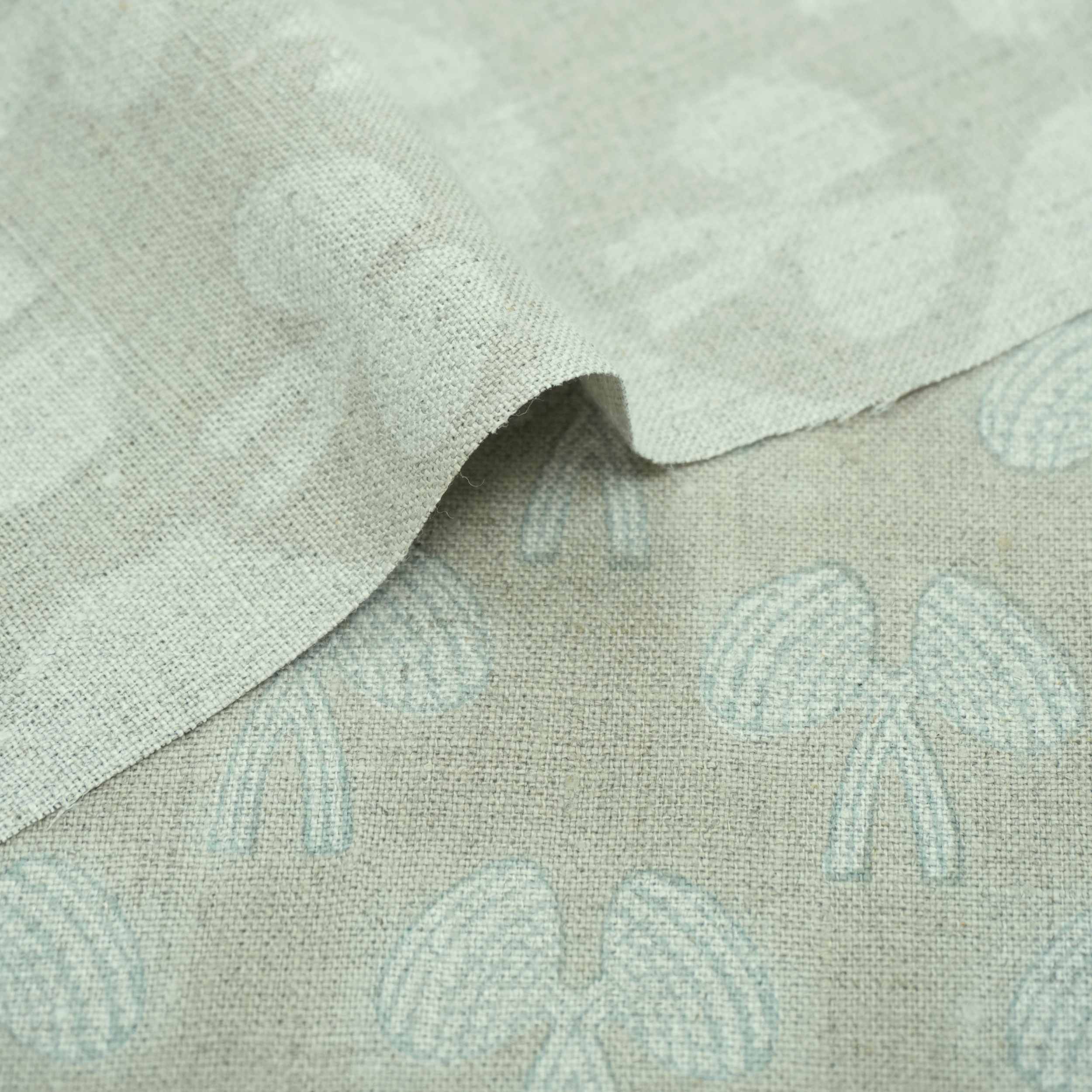 Handmade Mushroom Print Gray Floral Linen Upholstery Fabric