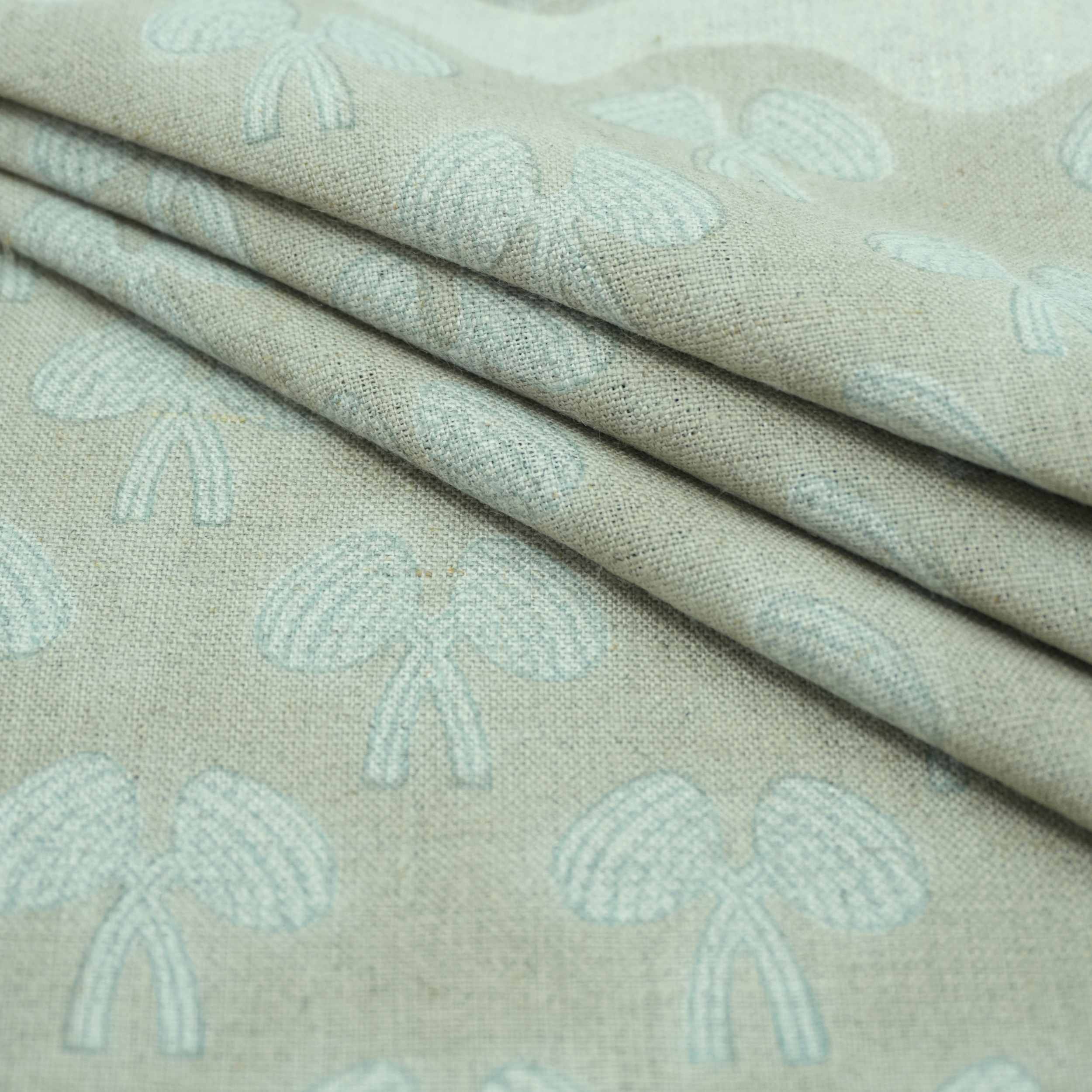 Handmade Mushroom Print Gray Floral Linen Upholstery Fabric