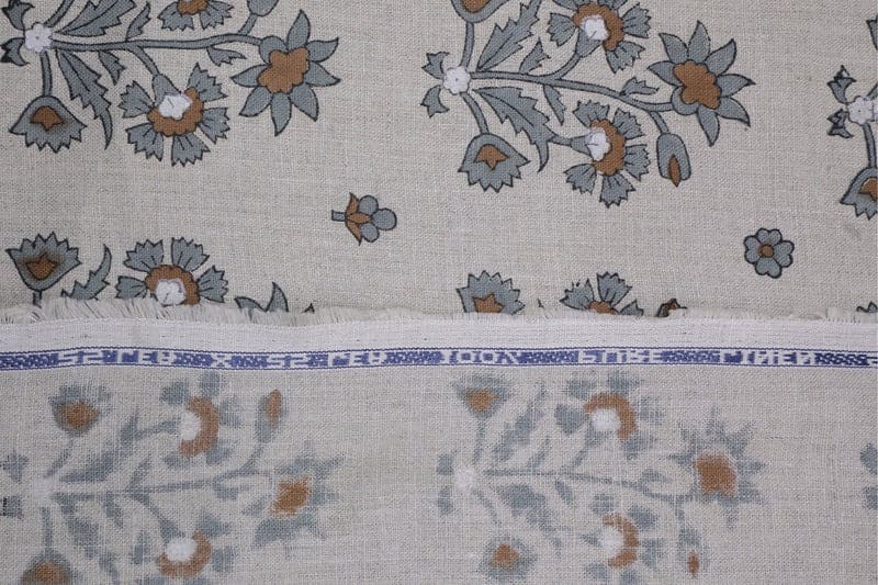 American Indian Block Print Gray Pure Linen Fabric - Sadabahar