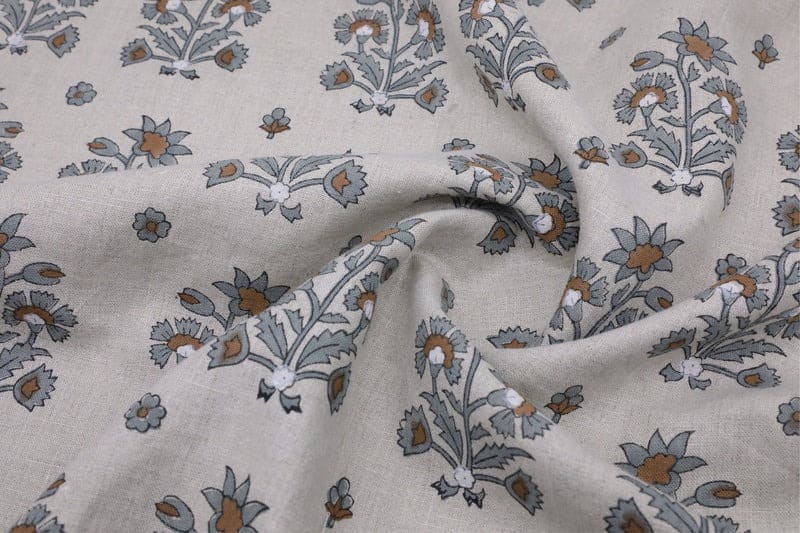 American Indian Block Print Gray Pure Linen Fabric - Sadabahar