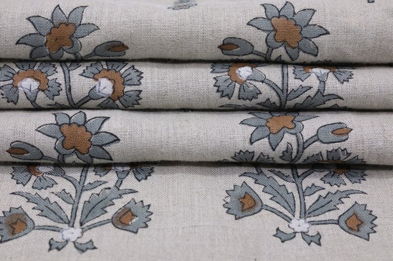 American Indian Block Print Gray Pure Linen Fabric - Sadabahar