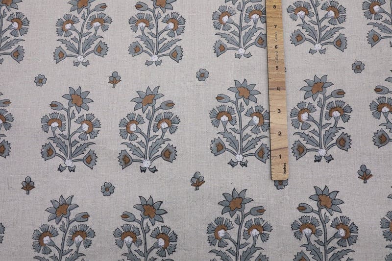American Indian Block Print Gray Pure Linen Fabric - Sadabahar