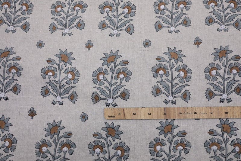 American Indian Block Print Gray Pure Linen Fabric - Sadabahar