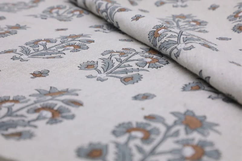 American Indian Block Print Gray Pure Linen Fabric - Sadabahar