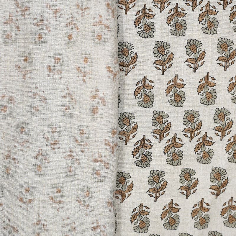Indian Hand Block Print Brown Floral Pure Linen Fabric - Ashok