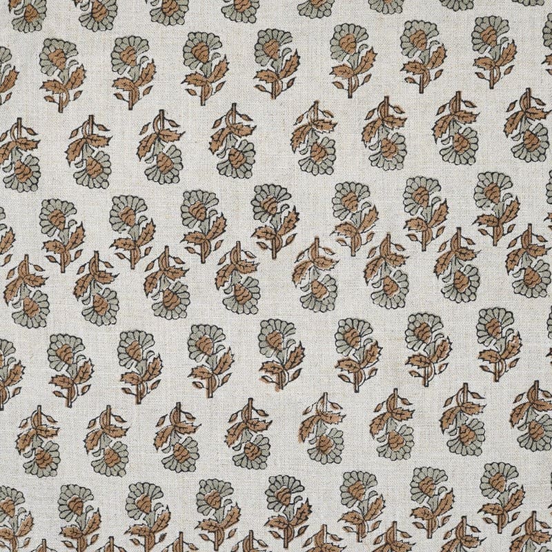 Indian Hand Block Print Brown Floral Pure Linen Fabric - Ashok