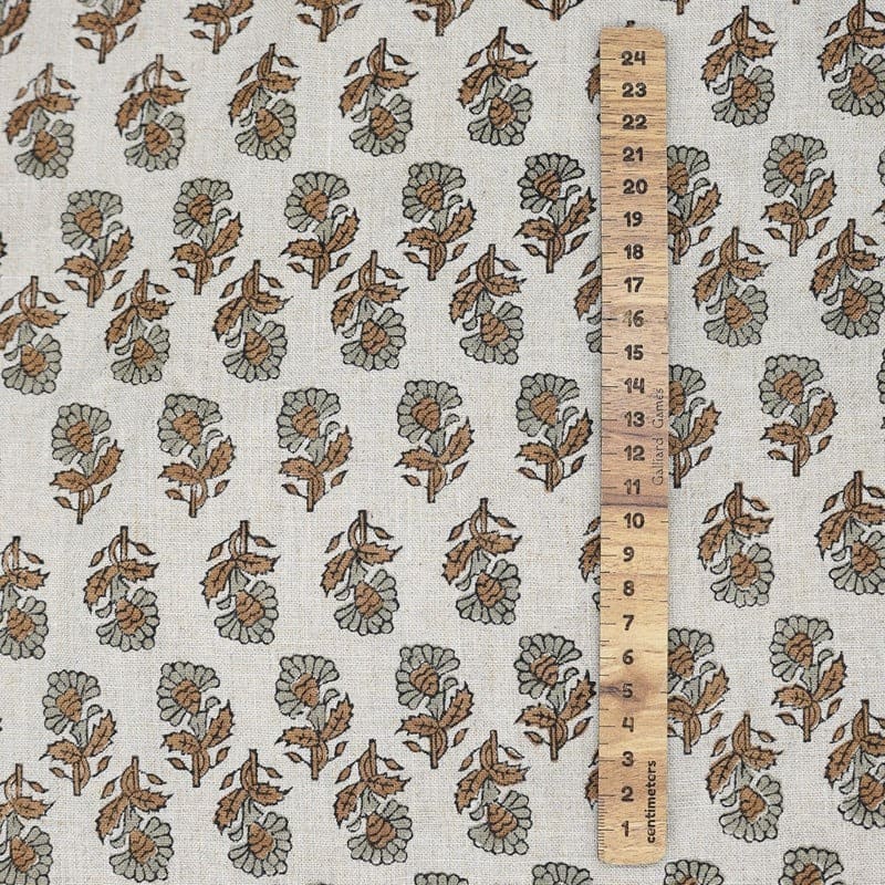 Indian Hand Block Print Brown Floral Pure Linen Fabric - Ashok
