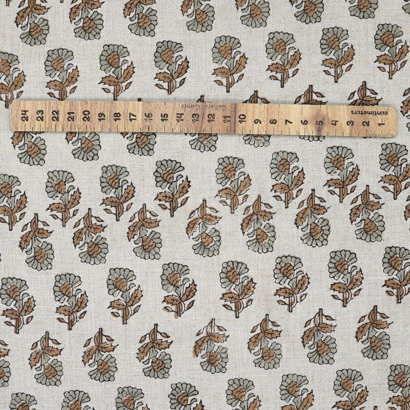 Indian Hand Block Print Brown Floral Pure Linen Fabric - Ashok