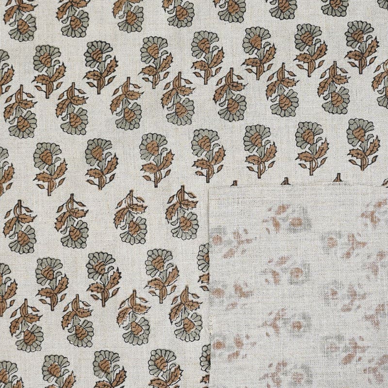 Indian Hand Block Print Brown Floral Pure Linen Fabric - Ashok