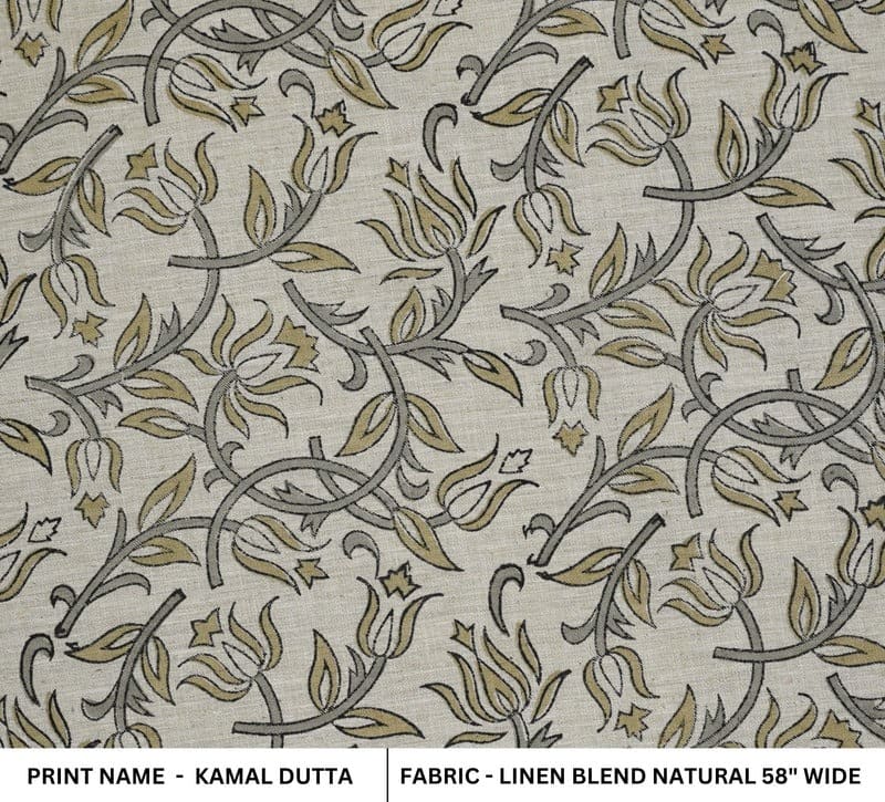 Indian Hand Block Print Green Floral Linen Blend Fabric - Kamal Dutta