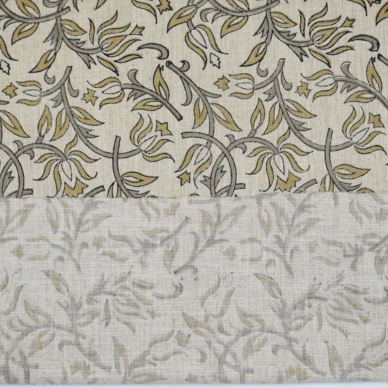 Indian Hand Block Print Green Floral Linen Blend Fabric - Kamal Dutta