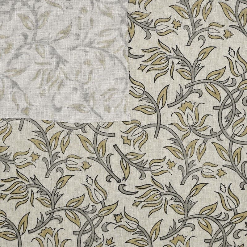 Indian Hand Block Print Green Floral Linen Blend Fabric - Kamal Dutta