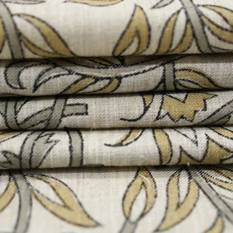 Indian Hand Block Print Green Floral Linen Blend Fabric - Kamal Dutta