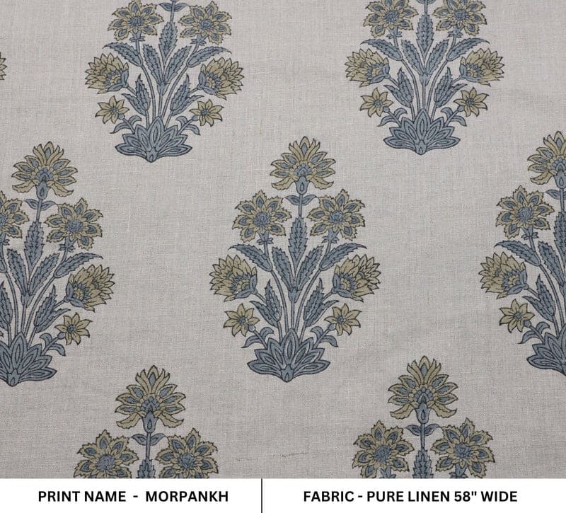 Indian Hand Block Print Green Floral Pure Linen Fabric - Morpankh