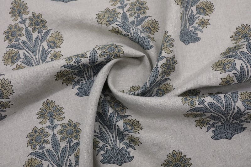 Indian Hand Block Print Green Floral Pure Linen Fabric - Morpankh