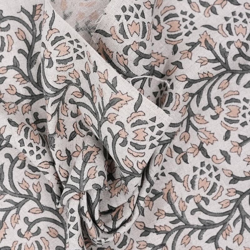 Indian Handcrafted Block Print Grey Pure Linen Fabric - Suhana Bel