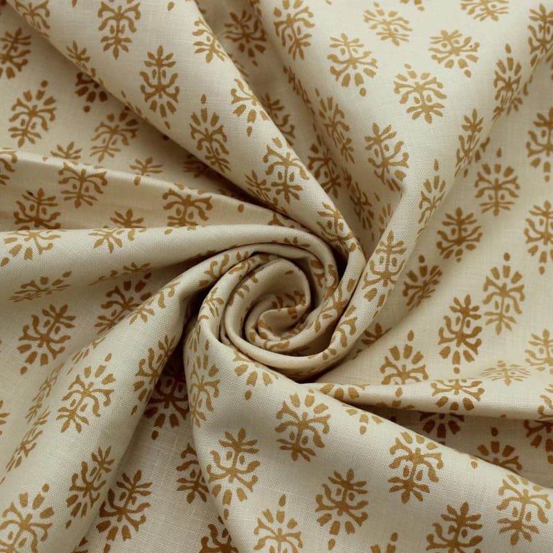 Handmade Block Bronze Print Off white Linen Fabric - Kashi