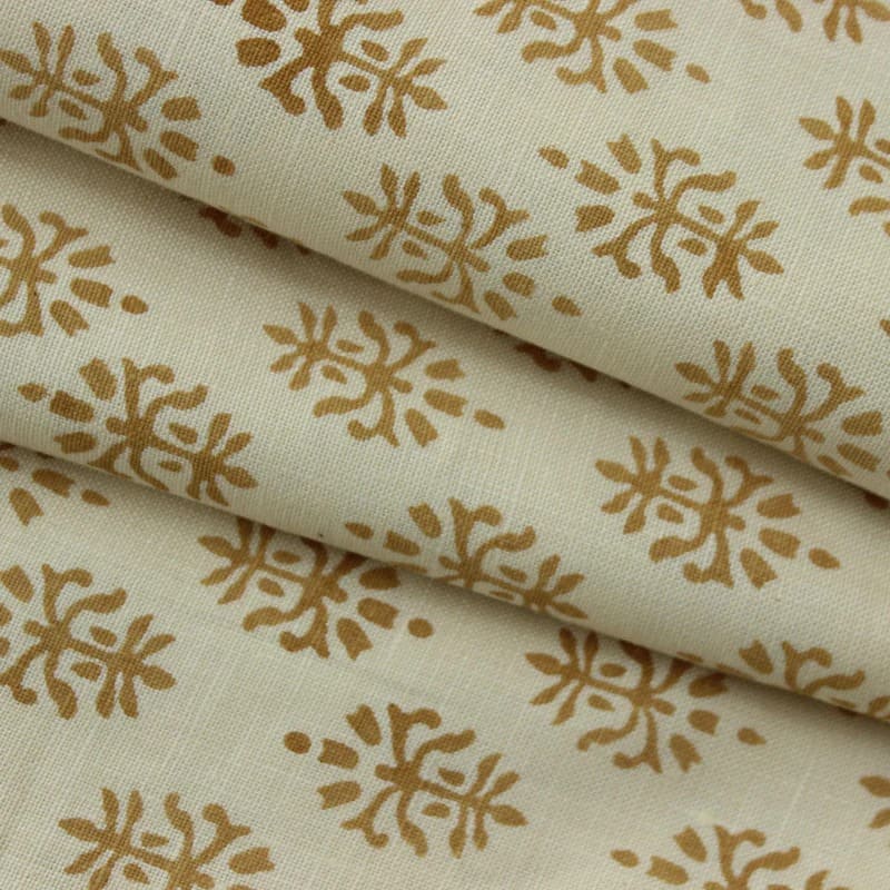 Handmade Block Bronze Print Off white Linen Fabric - Kashi