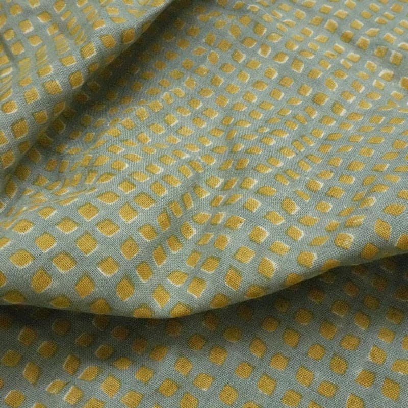 Handmade Block Print Pastel Blue Pure Linen Fabric - Kavita