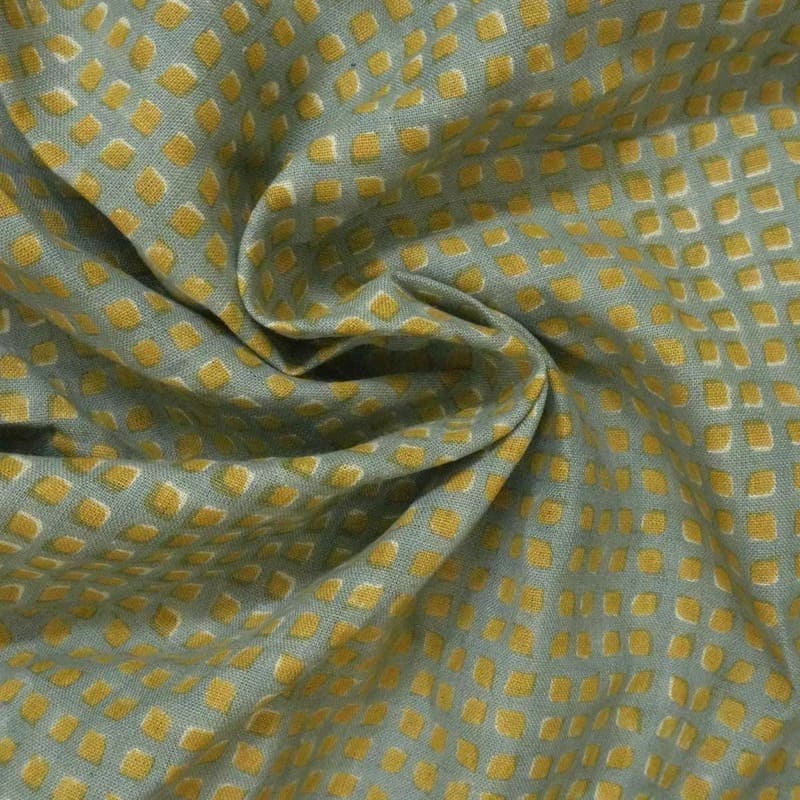 Handmade Block Print Pastel Blue Pure Linen Fabric - Kavita