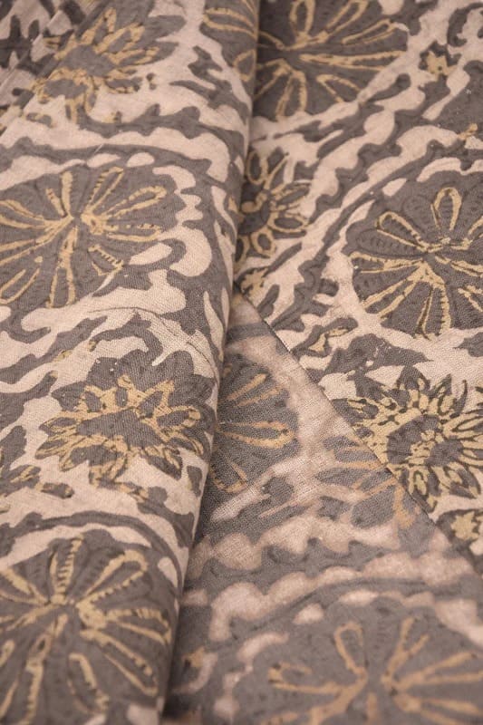 Aristan Handmade Block Print Brown Floral Pure Linen Fabric - Ambika