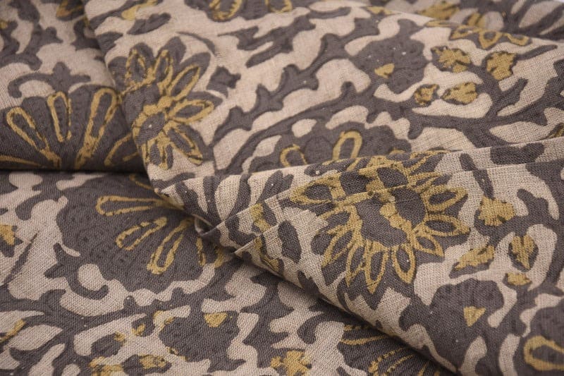 Aristan Handmade Block Print Brown Floral Pure Linen Fabric - Ambika