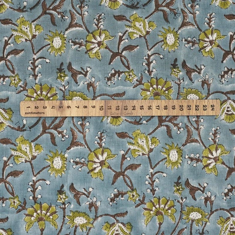 Handmade Block Print Green Floral Viscose Linen - Naayab