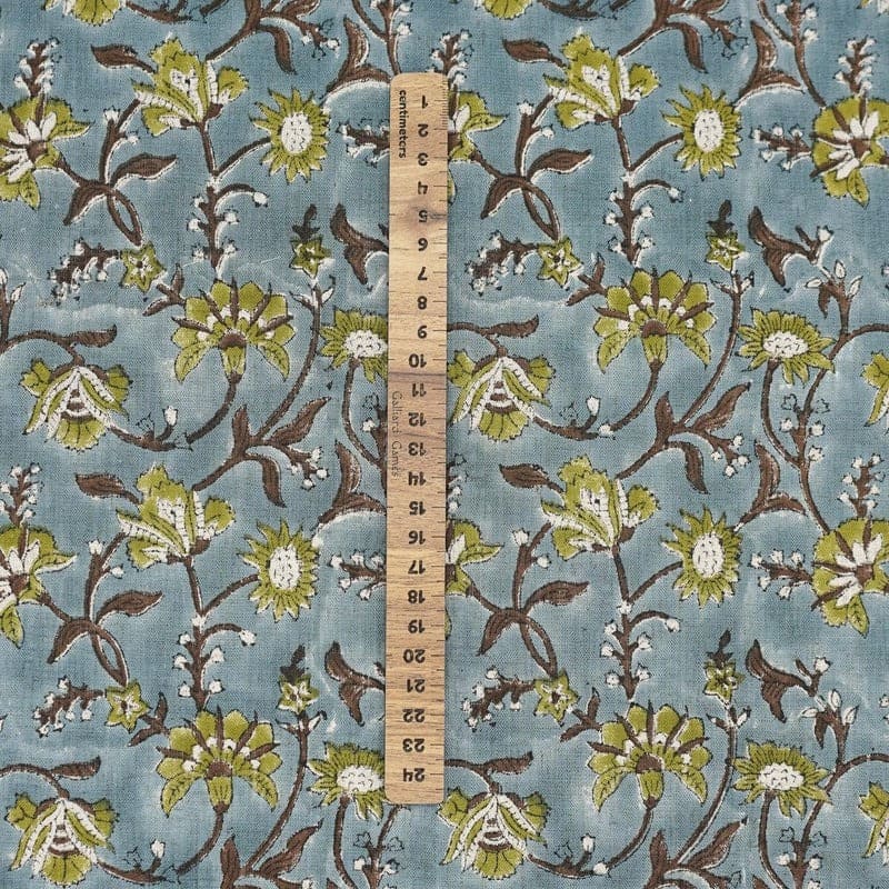 Handmade Block Print Green Floral Viscose Linen - Naayab