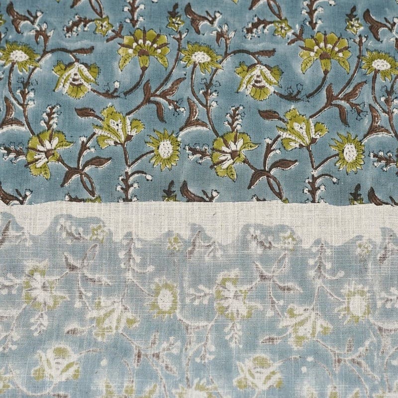 Handmade Block Print Green Floral Viscose Linen - Naayab