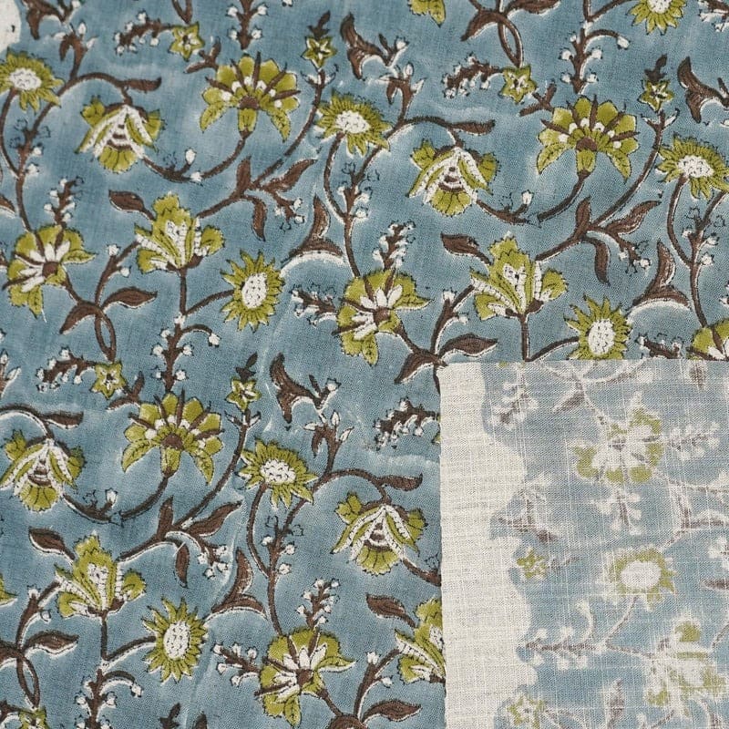 Handmade Block Print Green Floral Viscose Linen - Naayab