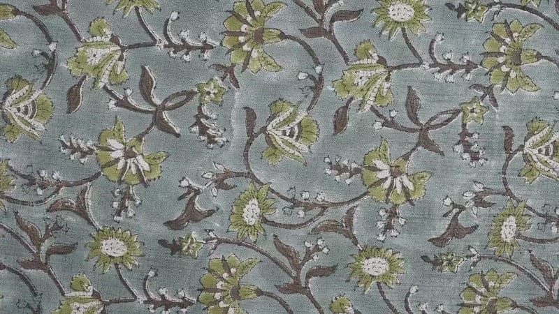 Handmade Block Print Green Floral Viscose Linen - Naayab