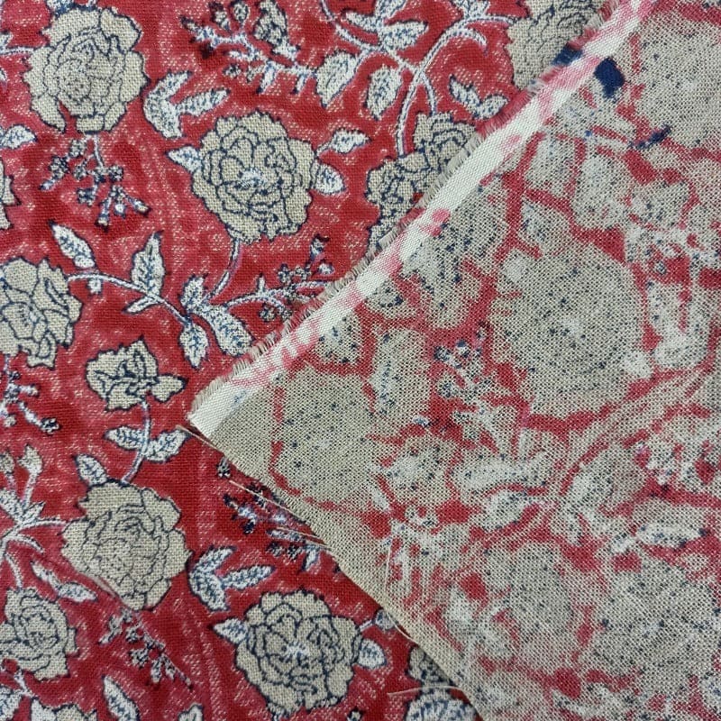 Aristan Handmade Block Print Red Floral Pure Linen Fabric - Gulzar