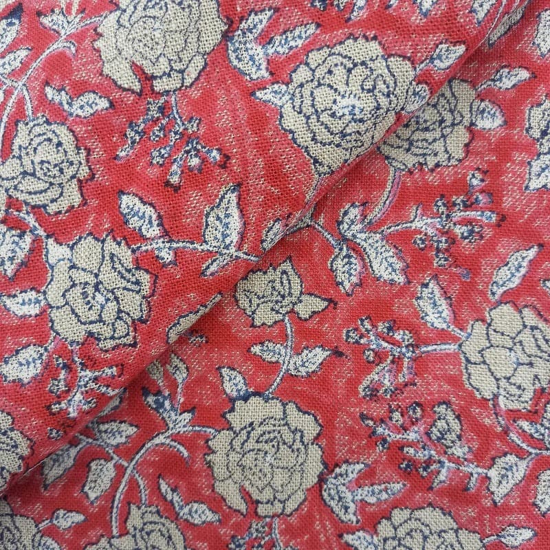 Aristan Handmade Block Print Red Floral Pure Linen Fabric - Gulzar