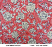 Aristan Handmade Block Print Red Floral Pure Linen Fabric - Gulzar