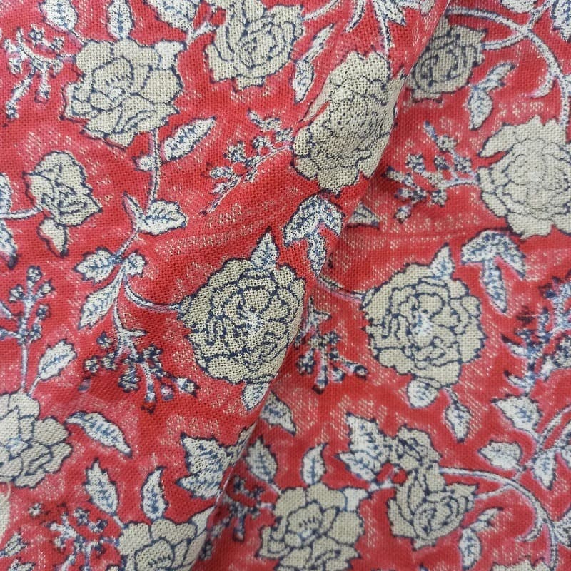 Aristan Handmade Block Print Red Floral Pure Linen Fabric - Gulzar