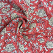 Aristan Handmade Block Print Red Floral Pure Linen Fabric - Gulzar