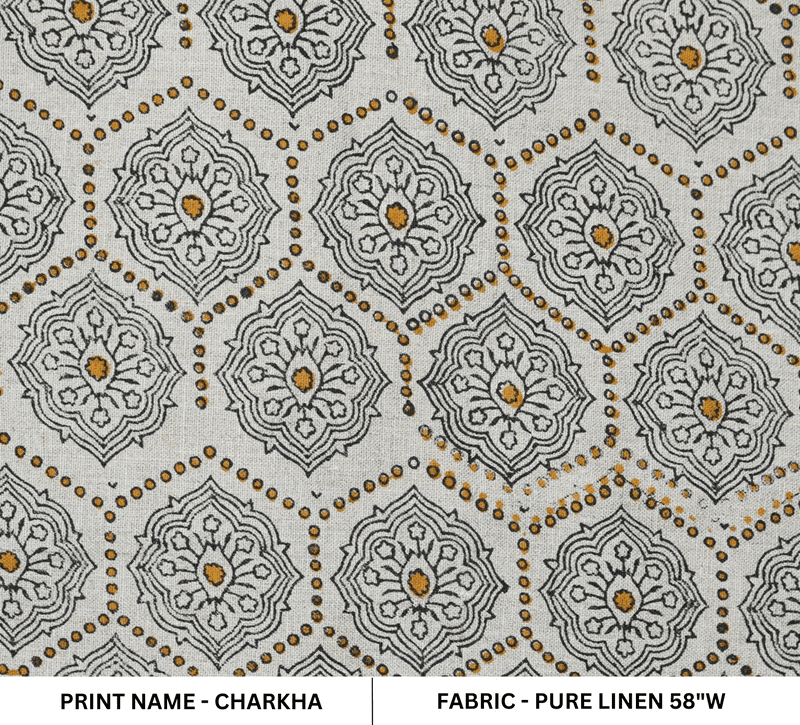 Indian Hand Block Print orange Pure Linen Fabric - Charakha
