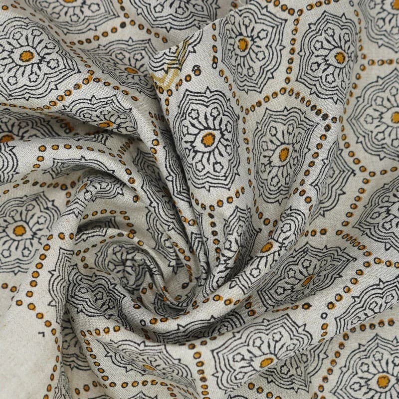 Indian Hand Block Print orange Pure Linen Fabric - Charakha