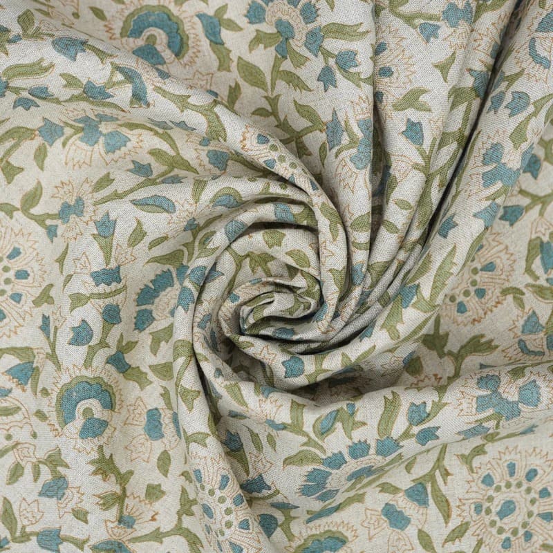 Indian Aristan Hand Block Print Blue Pure Linen Fabric - Vasundhara