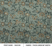 Artisan Block Print Brown & Gray Floral Thick Linen Fabric - Naayab